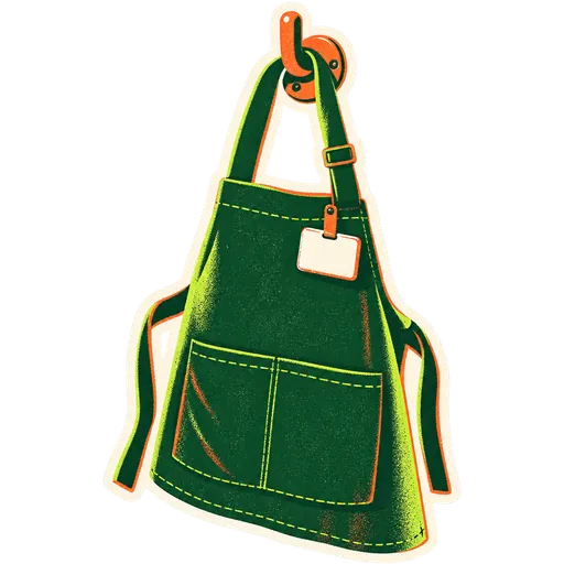 Illustration of a cashier apron with a name badge, the Grocery Desk team mark